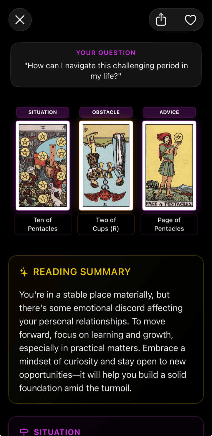 A three-card reading in the TarotLingo app