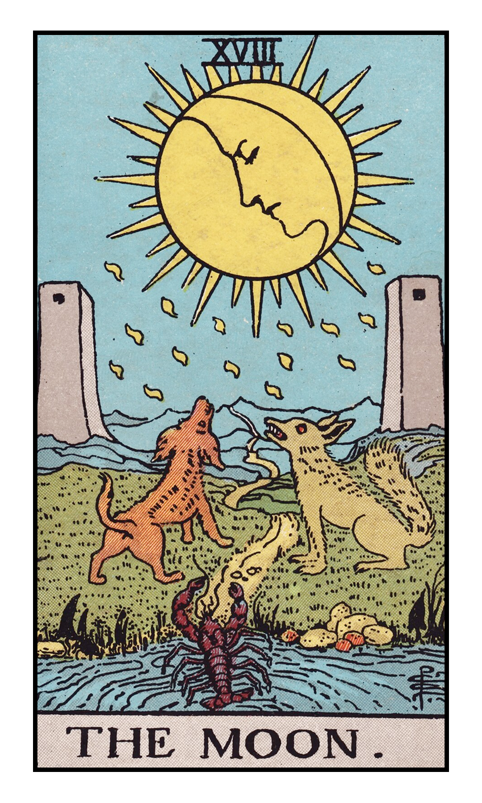 Close-up of The Moon Tarot card from the Rider-Waite-Smith deck, focusing on the crayfish and the moon’s glow.